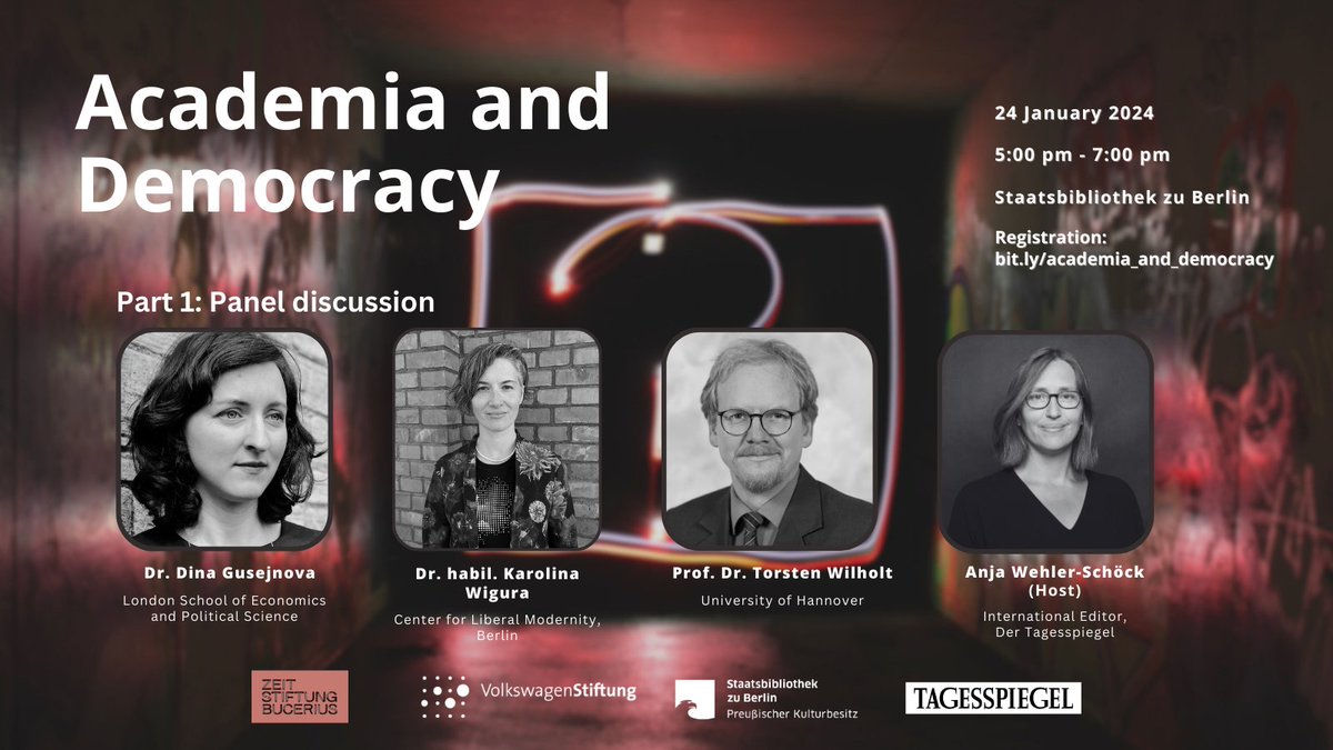 Why are democracy and academic freedom essentially connected? Follow the panel discussion between our guests in part 1 of our event 'Academia and Democracy' on Jan. 24 @stabiberlin and ask them yourself later! Register now bit.ly/academia_and_d…