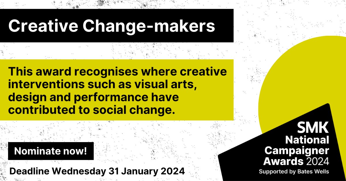 RECOGNISING CREATIVE INTERVENTIONS THAT CREATE POSITIVE SOCIAL CHANGE!

We are a proud partner of the SMK National Campaigner Awards 2024 {Creative Change-maker Award}.  Nominations are now live here: forms.gle/sJa8jC6WP74xGM…
Get nominating!
#SMKAwards2024 #LoveCampaigning