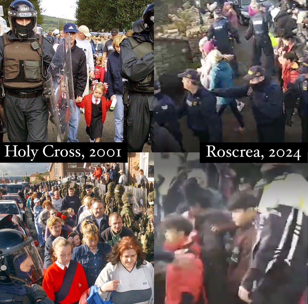 “This is a peaceful protest”.

When you block a child’s path to their destination (be it shelter or a school), and those kids then need police / Garda protection to pass as you continue screaming, roaring and spitting, you have gone well past the realm of ‘peaceful’. #Roscrea