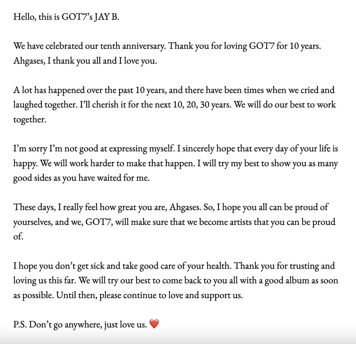 inquirerdotnet's tweet photo. @GOT7 @dnvrdelrosario "These days, I really feel how great you are, Ahgases. So, I hope you all can be proud of yourselves, and we, GOT7, will make sure that we become artists that you can be proud of," writes @GOT7's leader, JAY B. | @dnvrdelrosario 

#GOT7 #IGOT7
#GOT7FOREVER #ADecadeWithGOT7 https://t.co/1j8fdo4Spt