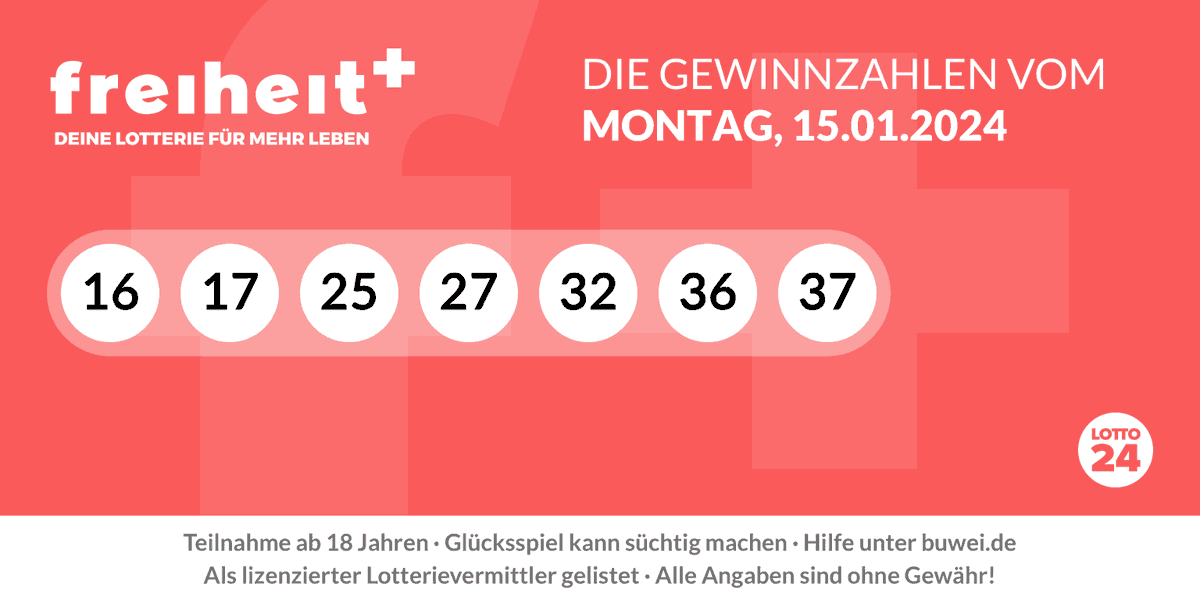 Hast du diese Woche an der #freiheitplus Ziehung teilgenommen? Dann aufgepasst! Hier sind die Gewinnzahlen der Ziehung vom 15.01.2024: 16 - 17 - 25 - 27 - 32 - 36 - 37 bit.ly/freiheitplus_l…