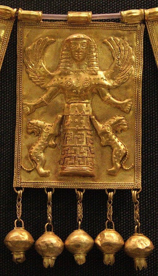 "Artemis Potnia Theron"
In classical Hellenic literature, "potnia theron", an adjective of the goddess Artemis, means "judge of animals". Although its origin is shown as Crete and the Near East, the earliest example must be the Neolithic Çatalhöyük goddess. In the Çatalhöyük