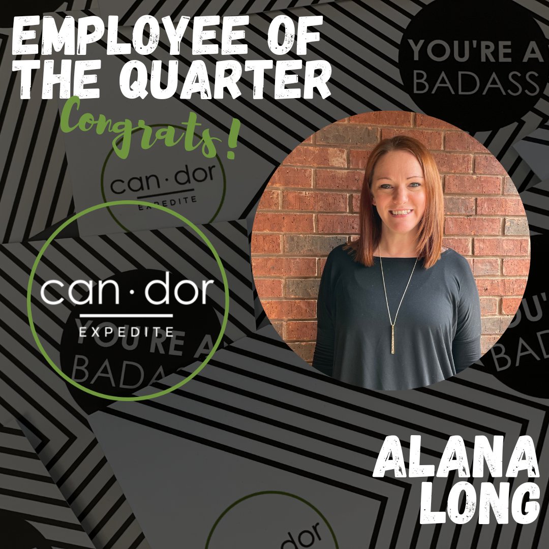 candorexpedite's tweet photo. The Candor Expedite team is thrilled to offer heartfelt congratulations to Alana Long, our standout employee for the fourth quarter. Alana, our esteemed leader in HR and recruitment, embodies the essence of what it means to be a part of Candor. 

#employeeofthequarter #badass https://t.co/4vLpSN3clP