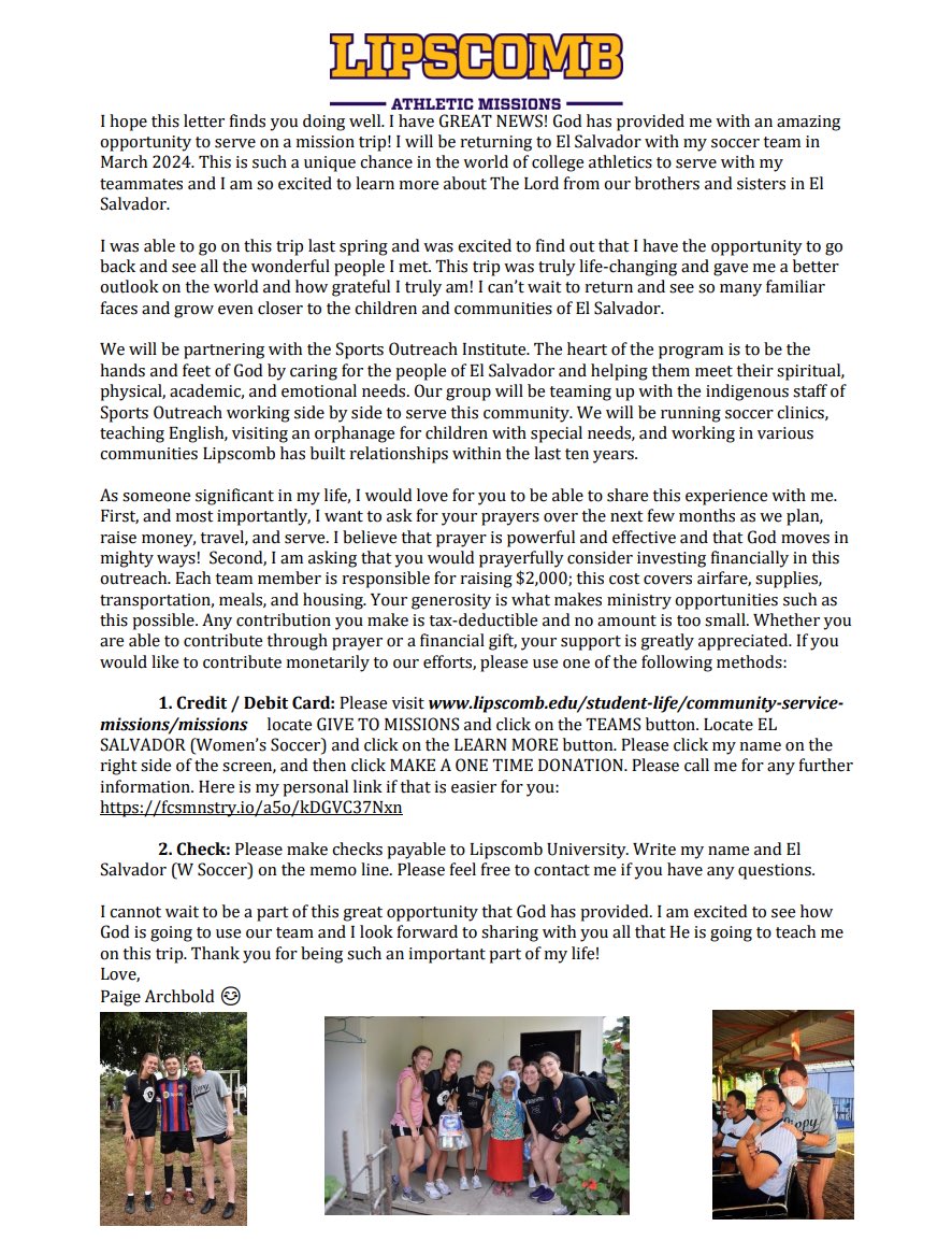 paige_arch's tweet photo. I will be returning to El Salvador to serve on mission this Spring with my soccer team at Lipscomb! Prayers are greatly appreciated as we prepare for this trip and if you feel inclined to donate, you can use the link below:
 https://t.co/tZyiQnbmcN 
Thank You!🤍 https://t.co/qBuAfWk71v