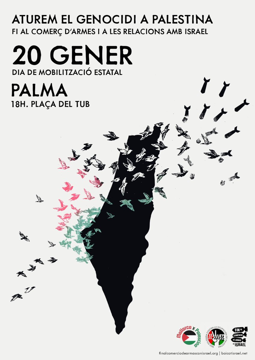 Mallorca, Menorca i Eivissa es sumen dissabte 20 a la convocatòria de la @RESOP1 per exigir que el Govern de <a href="/sanchezcastejon/">Pedro Sánchez</a> 
🇵🇸Lideri un alto el foc permanent
🇵🇸Posi fi a la compravenda d'armes a Israel i talli relacions
🇵🇸Doni suport a la demanda sudafricana 
#AturemElGenocidi