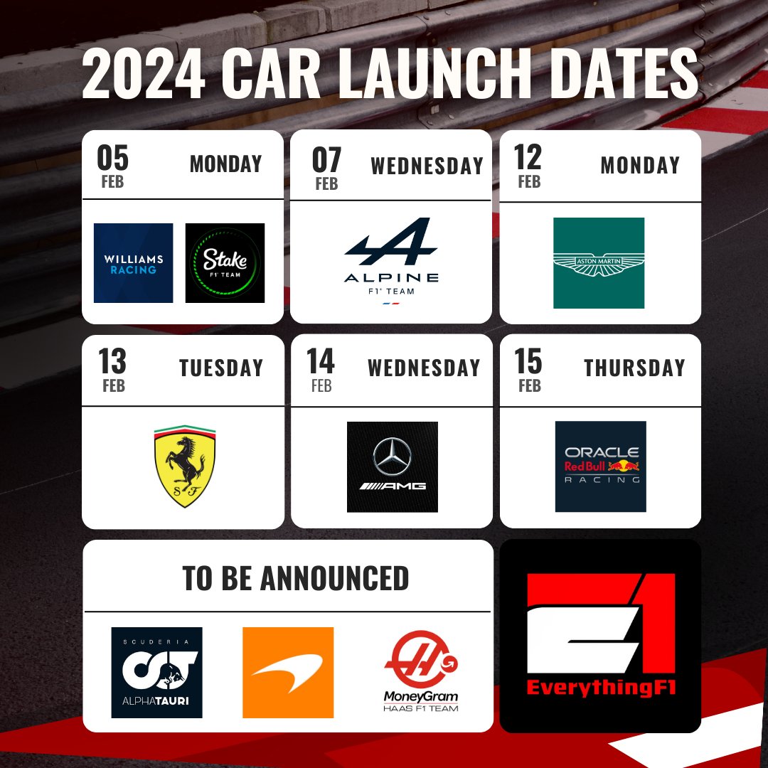 EverythingETS's tweet photo. Only 3 more teams left to confirm their car launches!

We know what we'll be doing on Valentines day 🙈

Which launch are you most excited for? 

#Formula1 #Carlaunch #F1 https://t.co/UrIltKFyZW
