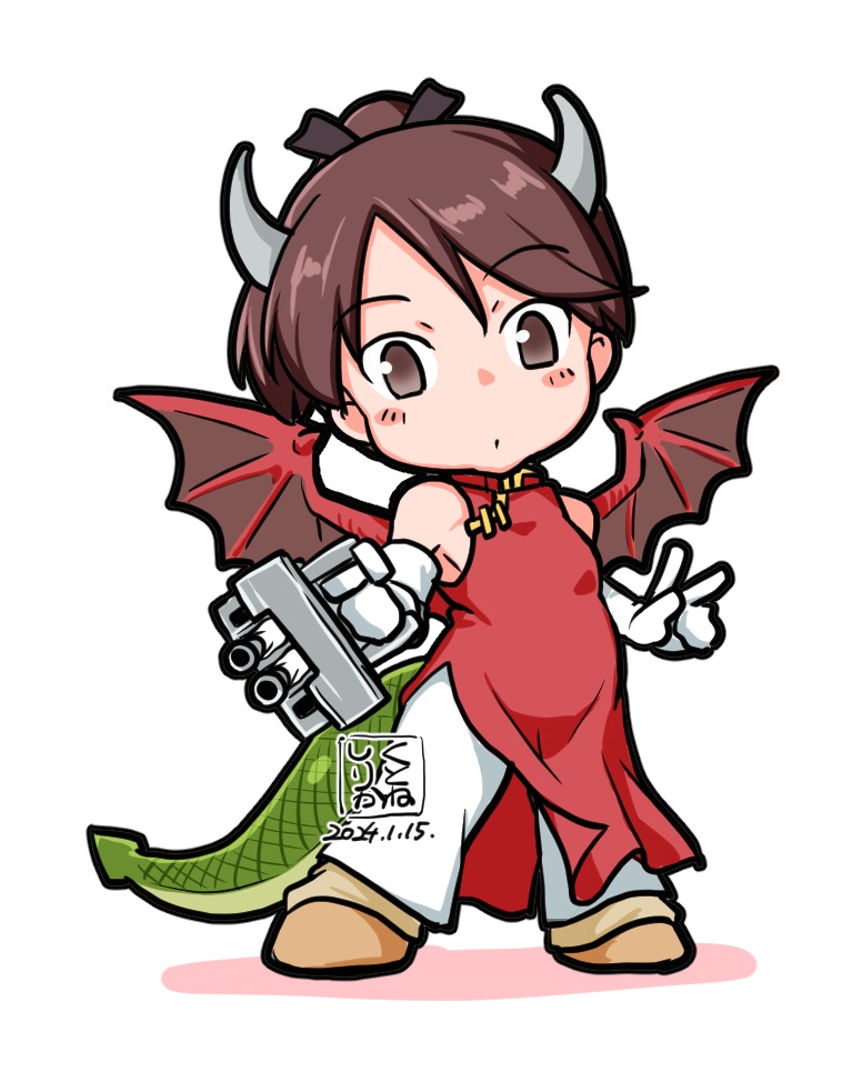 shikinami (kancolle) 1girl horns solo tail dragon wings brown hair dragon tail  illustration images