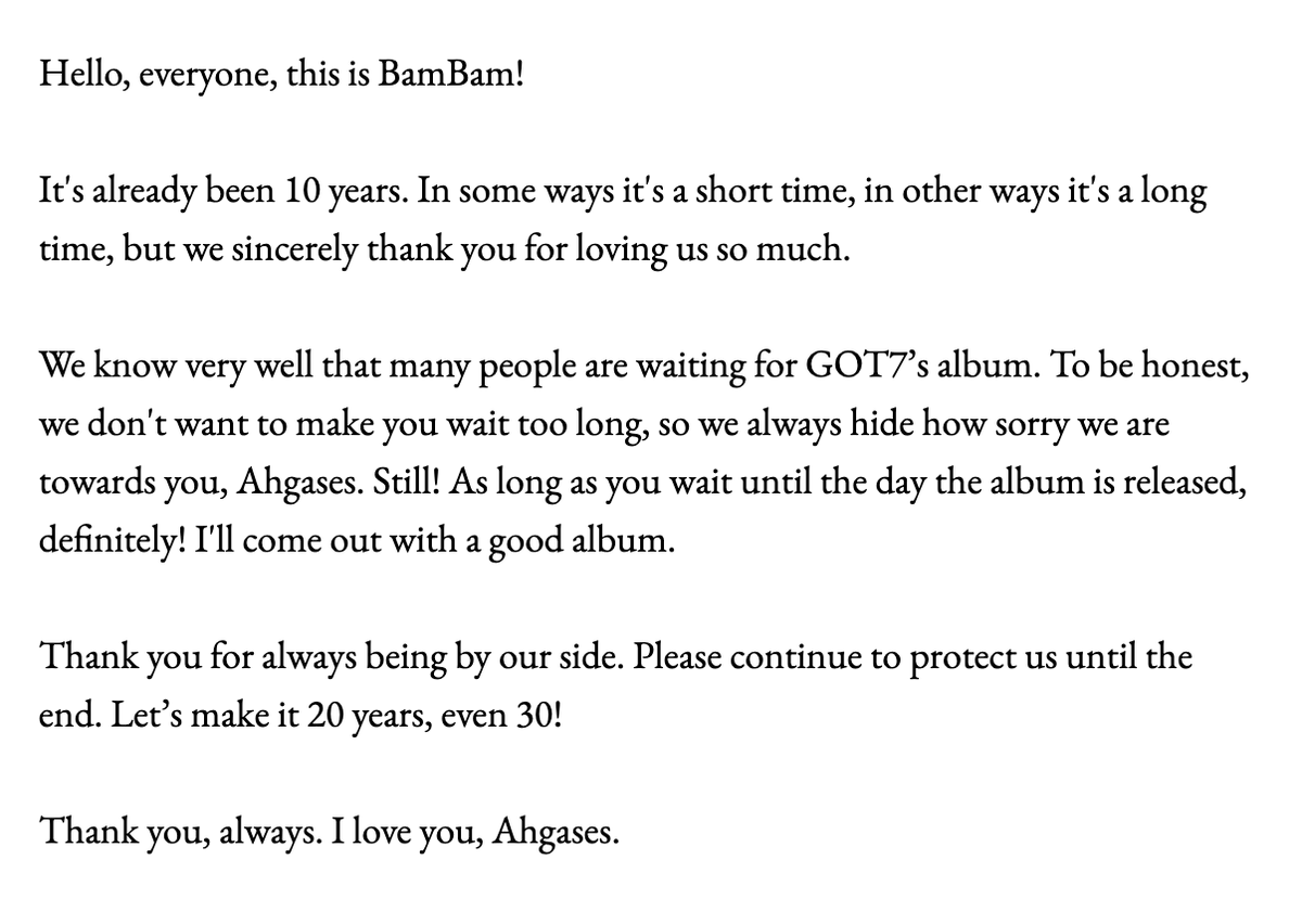 inquirerdotnet's tweet photo. @GOT7 @dnvrdelrosario "Thank you for always being by our side. Please continue to protect us until the end. Let’s make it 20 years, even 30!" writes @GOT7's BamBam. | @dnvrdelrosario 

#GOT7 #IGOT7 
#GOT7FOREVER #ADecadeWithGOT7 https://t.co/bABdZUxaOA