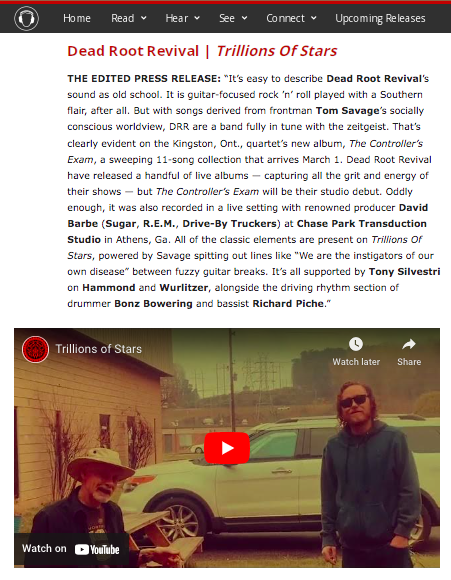 JSchneiderTO's tweet photo. Watch Dead Root Revival's new video "Trillions Of Star" on this week's #Tinnitist Canadian Beacon column! Their new David Barbe-produced album The Controller's Exam is out 03/01!
@Darryl_Sterdan @TomSavageMusic #NewMusic
https://t.co/bf2TsbjYUO via @tinnitist https://t.co/FCJAuxKTY7