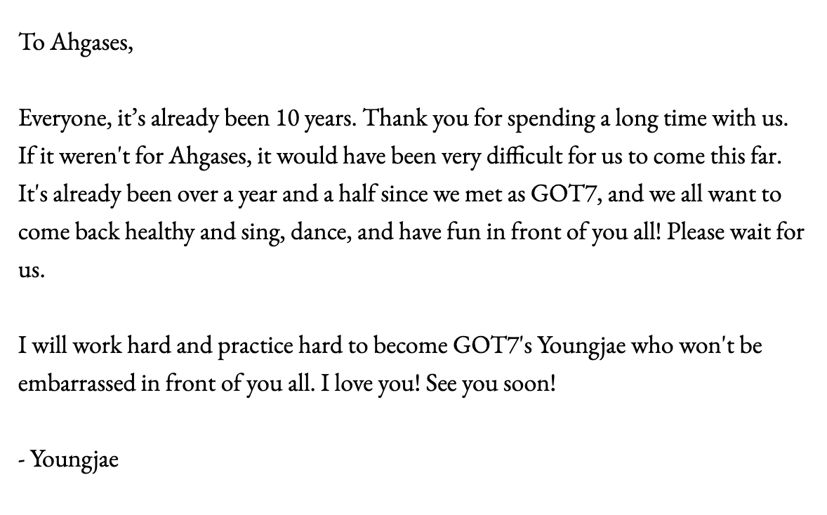inquirerdotnet's tweet photo. @GOT7 @dnvrdelrosario "Everyone, it’s already been 10 years. Thank you for spending a long time with us. If it weren't for Ahgases, it would have been very difficult for us to come this far," writes @GOT7's Youngjae. | @dnvrdelrosario 

#GOT7 #IGOT7 
#GOT7FOREVER #ADecadeWithGOT7 https://t.co/EJPgz1xRK7