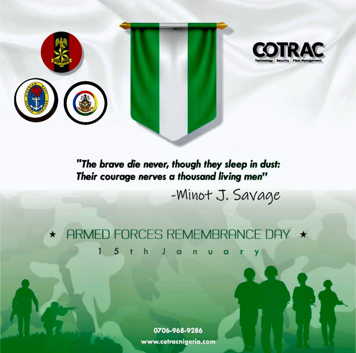 Honoring the bravery and sacrifice of our Armed Forces on this Remembrance Day. We stand in gratitude for their service and dedication to our nation. 🇳🇬🎗️ 

 #ArmedForcesRemembranceDay #SaluteToService #NeverForget 
#CoTrac #VehicleTracking #AlwaysInControl #CotracNigeria