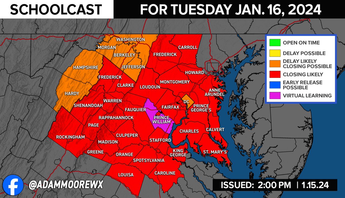 AdamMooreWX's tweet photo. Schoolcast: I expect many schools will likely close this evening if not tomorrow morning due to the snowfall we are expecting through tomorrow morning leading to many secondary and back roads being snow covered and icy like this morning. #schoolcast #snowday https://t.co/47bqu6j4W0