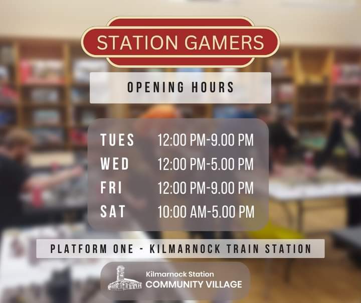 Here are our opening hours for the week! We're open late on Tuesday and Friday to give you all extra gaming time for just £2 per person. See you soon! #kilmarnock #kilmarnockcommunityvillage #tcg