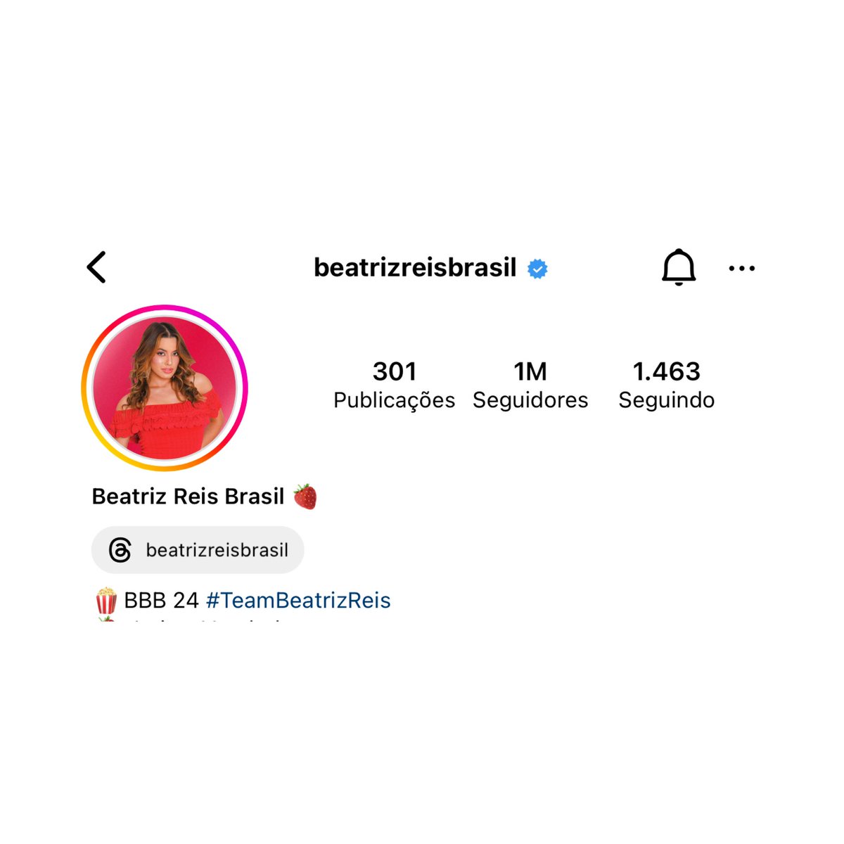 choquei's tweet photo. 🚨FAMOSOS: A pipoca Beatriz do #BBB24, acabou de chegar a marca de 1 milhão de seguidores no Instagram. https://t.co/8xjUMeW8DG