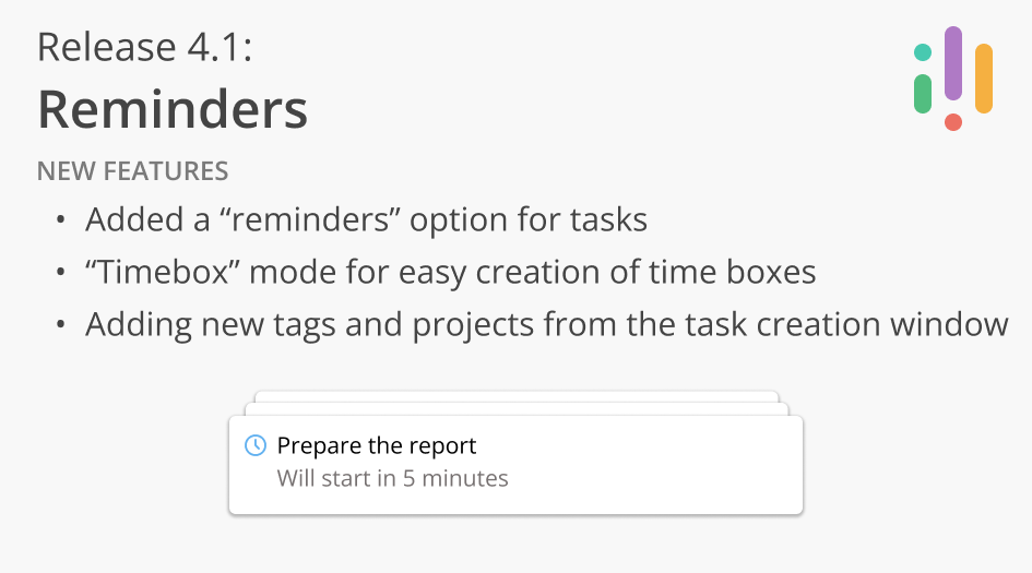 use_kona's tweet photo. In version 4.1, we've added reminders for tasks, a time box mode, and made it possible to add new tags and projects from the task creation window. https://t.co/Duc3B6g59a