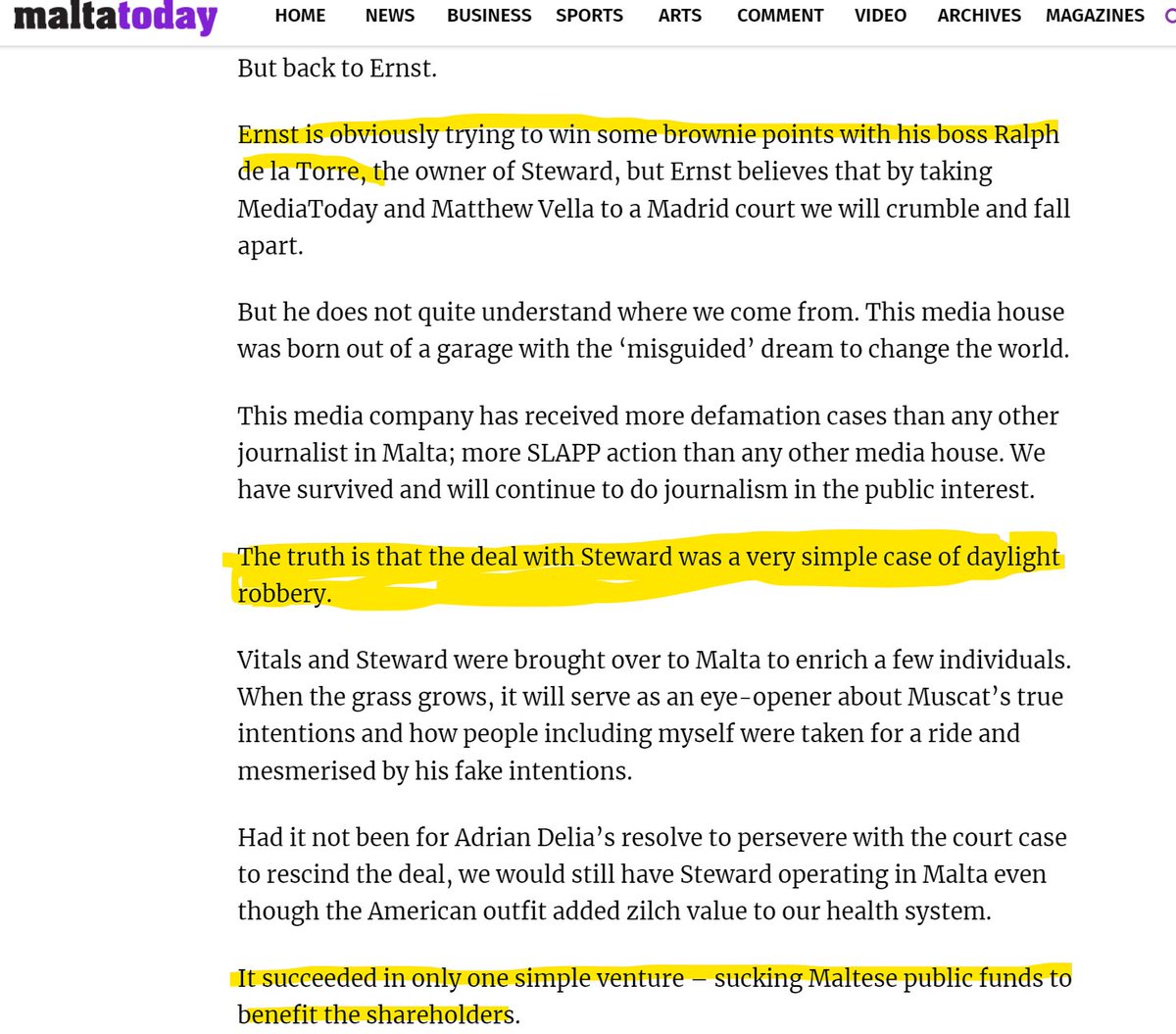 Meanwhile, over in Malta. Steward is suing the independent journalists who exposed their grift.  Is there no end to this circus??.. $MPW <a href="/HedgeyeREITs/">HedgeyeREITs</a> <a href="/viceroyresearch/">Viceroy</a> 

maltatoday.com.mt/comment/blogs/…