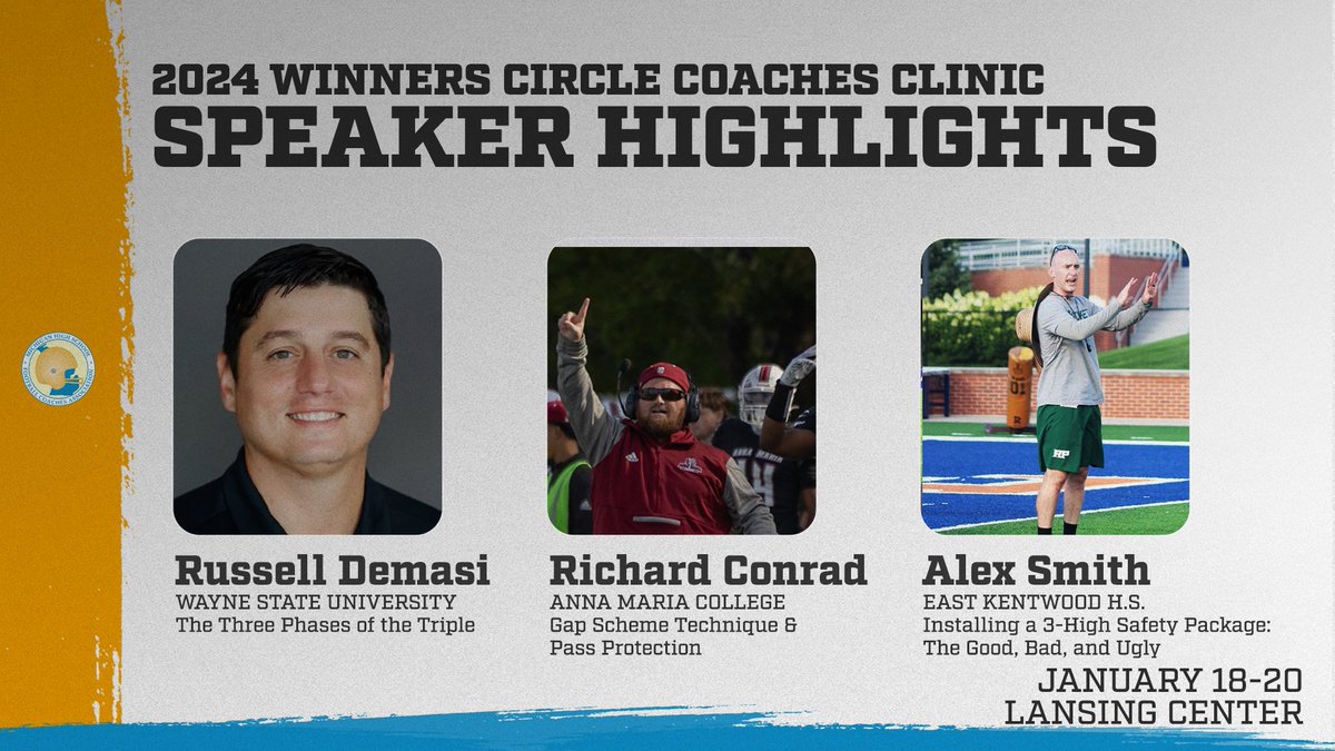 2024 Winners Circle Coaches Clinic January 18-20 at the Lansing Center Register Here >>mhsfca.com/events/2024-mh… @CoachDeMasi @CoachRConrad @ASmith032