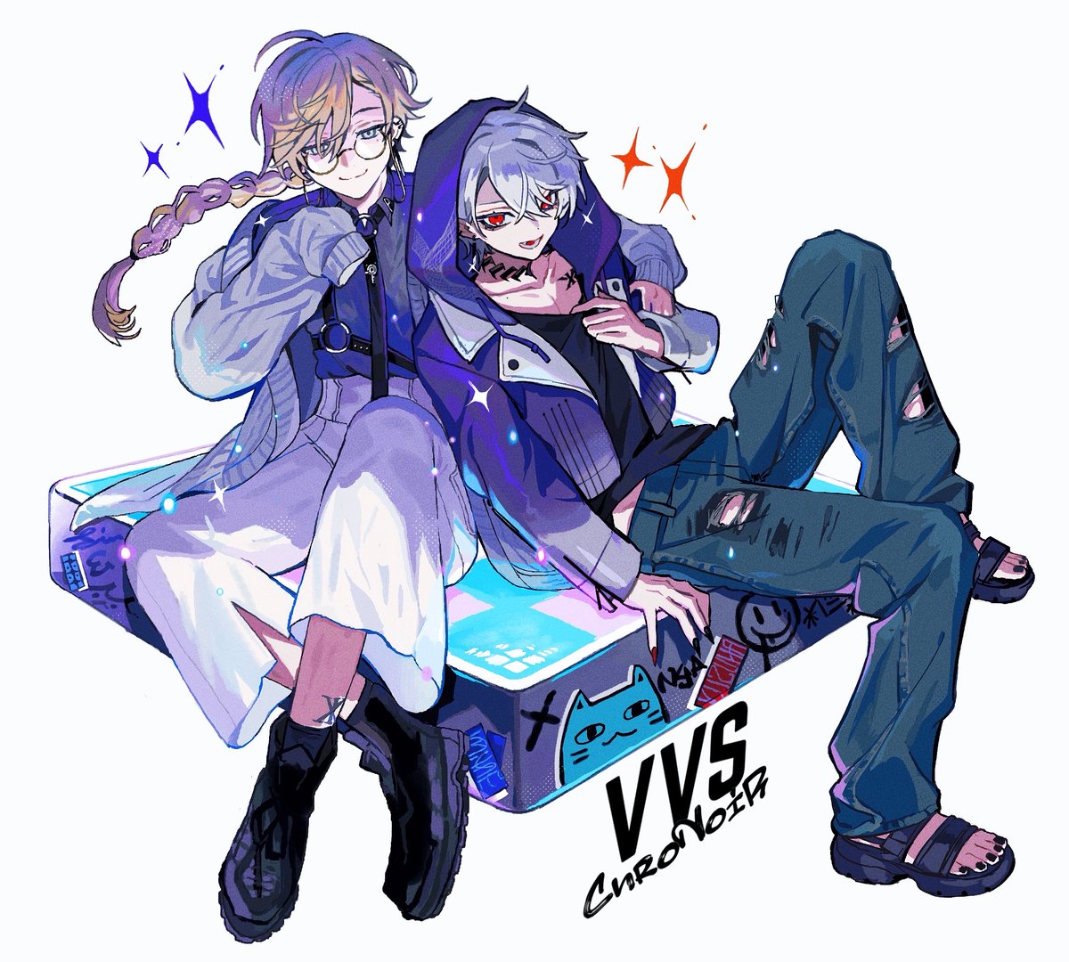 kanae (nijisanji) ,kuzuha (nijisanji) multiple boys red eyes 2boys torn clothes torn pants glasses braid  illustration images