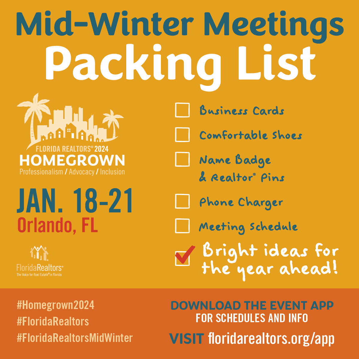 Florida Realtors on X: Our Mid-Winter Business Meetings are almost here!  As you're packing your bags for Orlando, don't forget these essentials. 🧳  #Homegrown2024 #FloridaRealtors #FloridaRealtorsMidWinter   / X