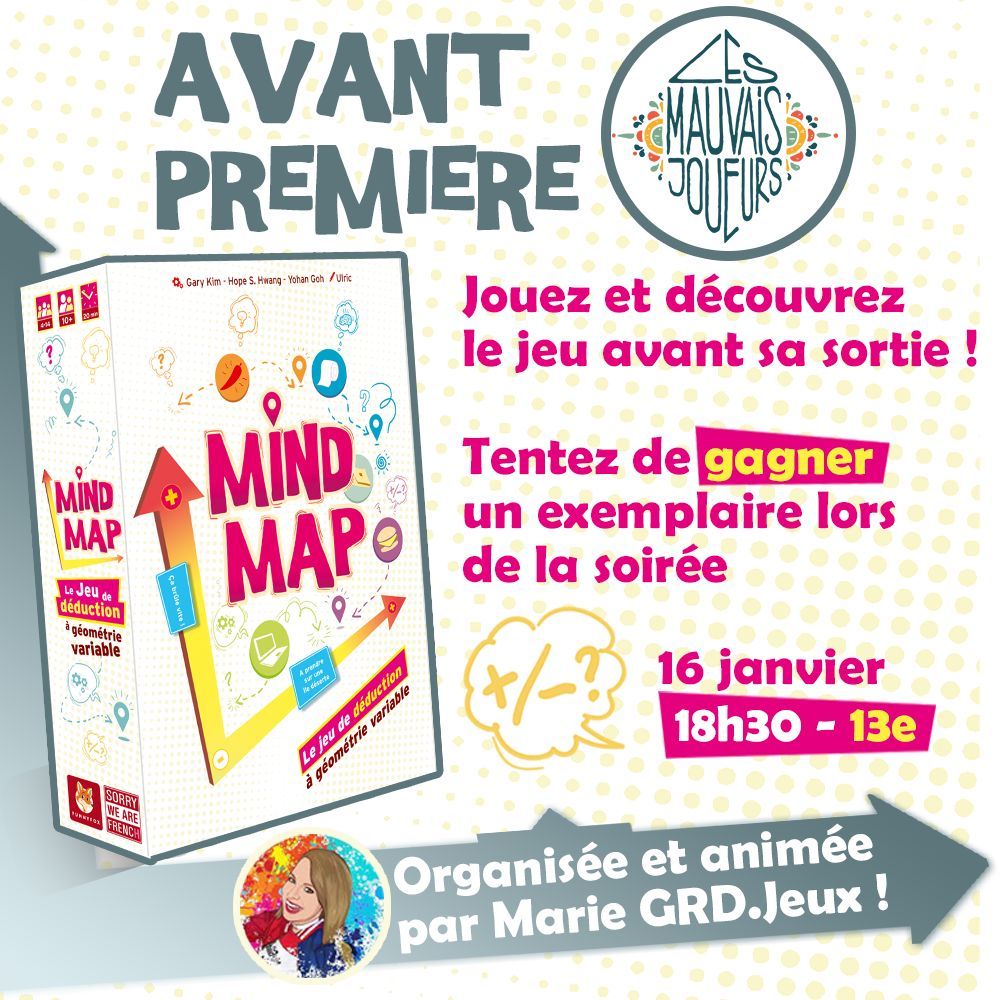 🚨 C'est demain ! Programme 📌 Des parties de Mind Map 📌 Une chance de gagner un exemplaire du jeu 📌 Des jeux SWAF et Funnyfox à découvrir ! 🏪 Mauvais Joueurs d'Austerlitz, 12 Bd Vincent Auriol, 75013 Paris 📅 16 janvier à partir de 18h30 @mariegrdjeux @funnyfoxgames