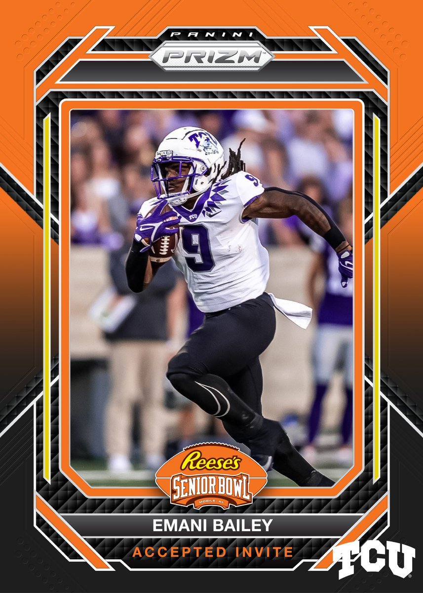 seniorbowl's tweet photo. OFFICIAL! RB Emani Bailey @ethabeast9 from @TCUFootball has accepted his invitation to the 2024 Reese's Senior Bowl! #GoFrogs | #AllSteakNoSizzle #TheDraftStartsInMOBILE™️

@JimNagy_SB @PaniniAmerica #RatedRookie https://t.co/Ok6X0xSRHB