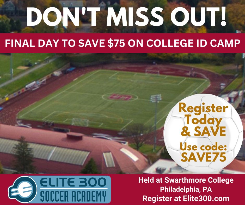 FINAL DAY TO SAVE $75!  Don’t miss out – REGISTER TODAY (Code: SAVE75) for Elite 300 College ID Camp - join us this June. We want to see U play! Register  Elite300.com
#SoccerIDCamp #BoysSoccerIDCamp #IDCamp #SoccerCamp #CalTechSoccer #CalTechMensSoccer #CollegeSoccer