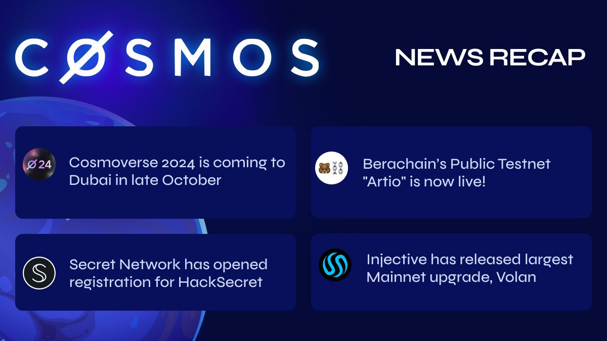 Another Monday, another news recap from Stakewolle📢

<a href="/CosmoverseHQ/">Cosmoverse | Cosmos Conference</a> announced that the event is coming to Dubai on October 21-22.⚛️

<a href="/berachain/">Berachain Foundation 🐻⛓</a> launched the public Testnet "Artio." Berachain is an L1 built on top of the Cosmos SDK, using Proof of Liquidity (PoL) Consensus.🐻🔗