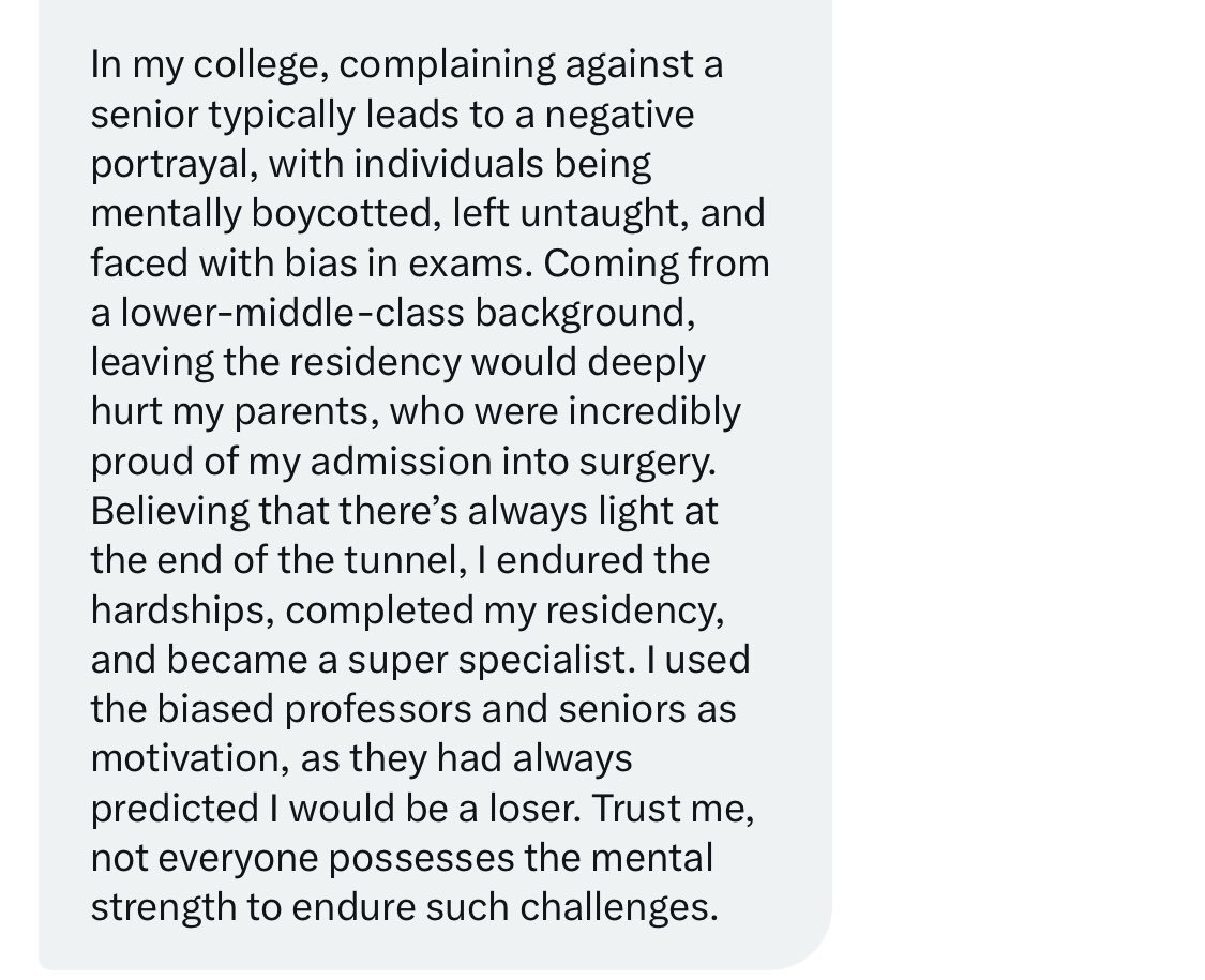 DrDhruvchauhan's tweet photo. This message is by a Super specialist surgeon who himself faced toxicity to the level that he was ready to quit but not everyone is privileged enough hence had to continue despite being scarred .

This is the story of majority medical colleges https://t.co/5p6gEx9cwy
