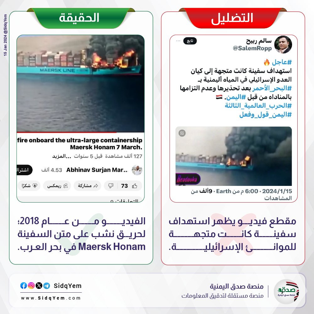 SidqYem's tweet photo. ❌ التضليل: مقطع فيديو لاستهداف #سفينة في البحر الأحمر، كانت متجهة للموانئ الإسرائيلية.

✅ الحقيقة: مقطع الفيديو قديم من مارس 2018؛ حيث نشب حريق على متن السفينة Maersk Honam في بحر العرب، بينما كانت في طريقها باتجاه قناة السويس.

◾15 يناير 2024؛ هيئة عمليات التجارة البحرية ��لبريطانية تلقت تقريرًا عن حادث على بعد 95 ميلًا بحريًا جنوب شرق #عدن، #اليمن، حيث أبلغ الربان عن إصابة السفينة بصاروخ من الأعلى، وسلامة طاقمها. 

◾15 يناير 2024 عند الساعة الرابعة مساءً بتوقيت #صنعاء؛ القيادة المركزية الأمريكية تعلن عن تعرض السفينة M/V Gibraltar Eagle- المملوكة للولايات المتحدة- لإصابة جراء استهدافها بصاروخ باليستي مضاد للسفن، أطلق من مناطق سيطرة #الحوثيين.

🔗المصادر:
https://t.co/Zad5tYcVIn

#منصة_صدق_اليمنية