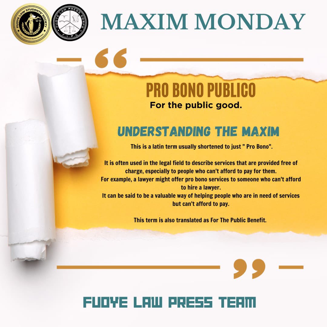 Fuoyelawpress's tweet photo. New Year, New Maxim!!!๐ฅณ
We're starting the year intellectually!!!๐ฉ๐ฝโโ๏ธ
Don't seek pro bono services IF YOU CAN AFFORD TO PAY.๐
.
.
.
#fuoyelawpress #flpc #lawstudent #maxims
#legalmaxim #latinmaxim #lawstudentseries
#mondaymaxims https://t.co/Io7R0CEEHx