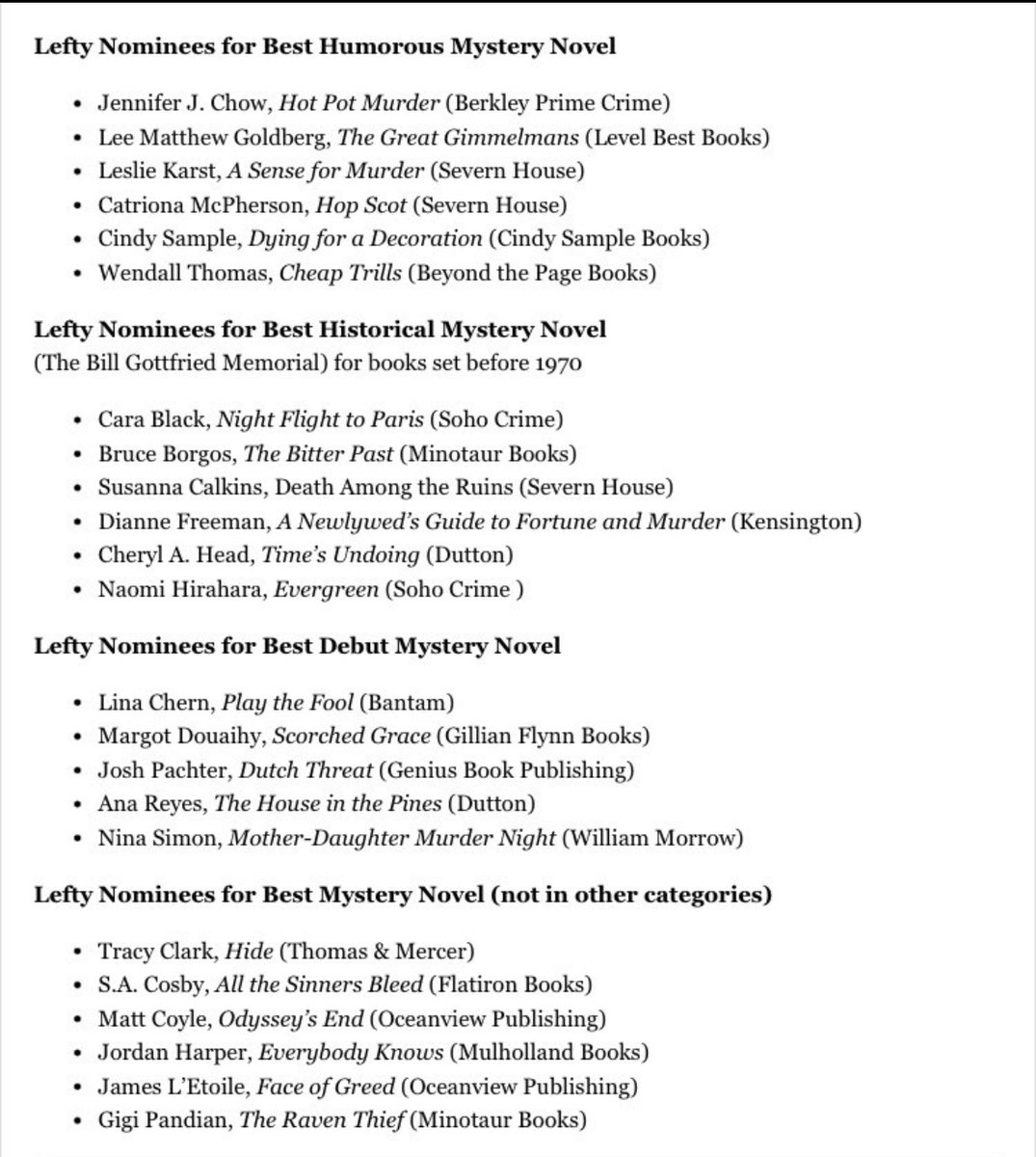 Congratulations to this year’s Lefty nominees!
