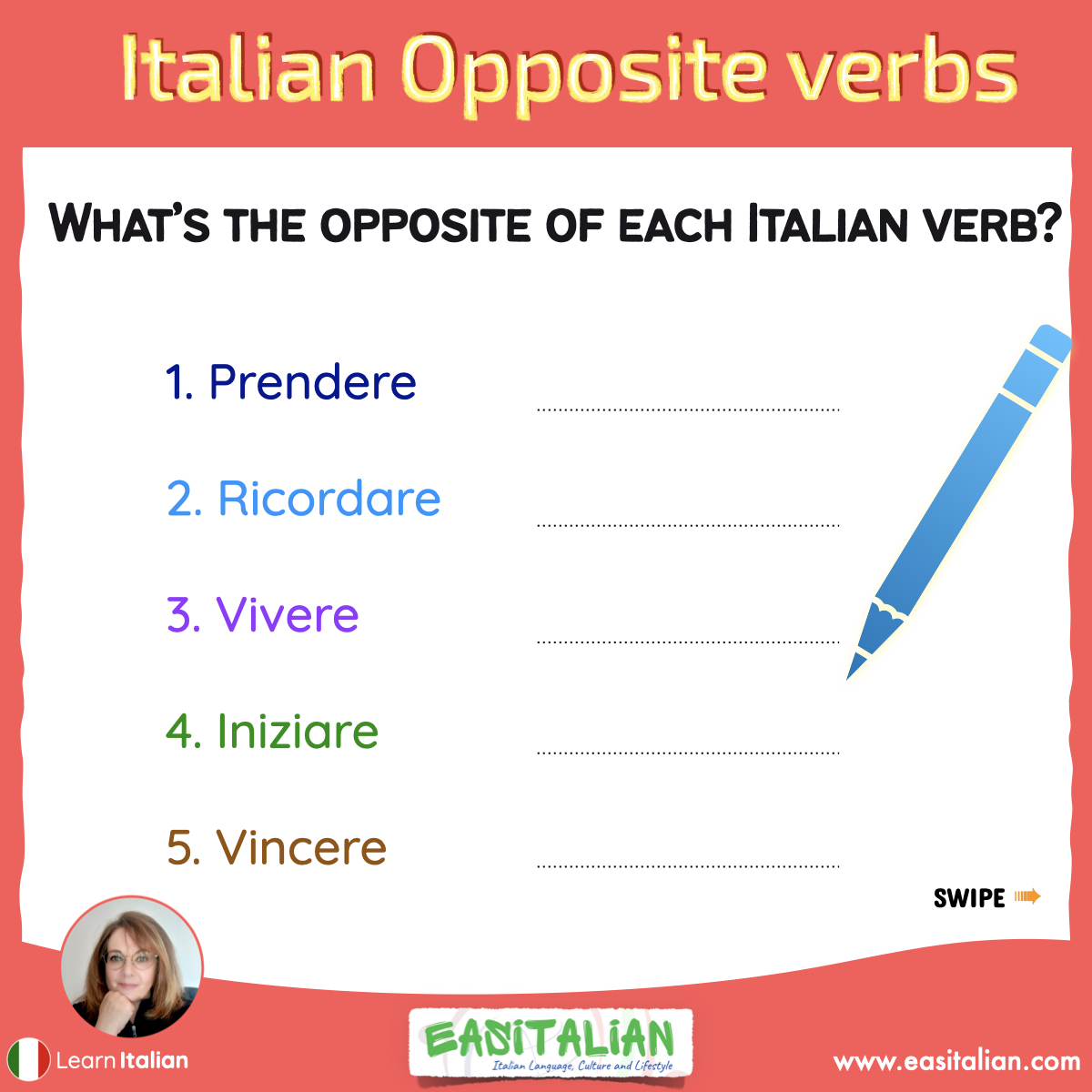 easitalian's tweet image. 🇮🇹 Are you ready to boost your Italian vocabulary? Let&apos;s find the ideal pairs of Italian opposite verbs!
#LearnItalian
#ItalianLearning
#ItalianLanguage
#SpeakItalian
#ItalianVocabulary
#StudyItalian
#learnitalianlanguage