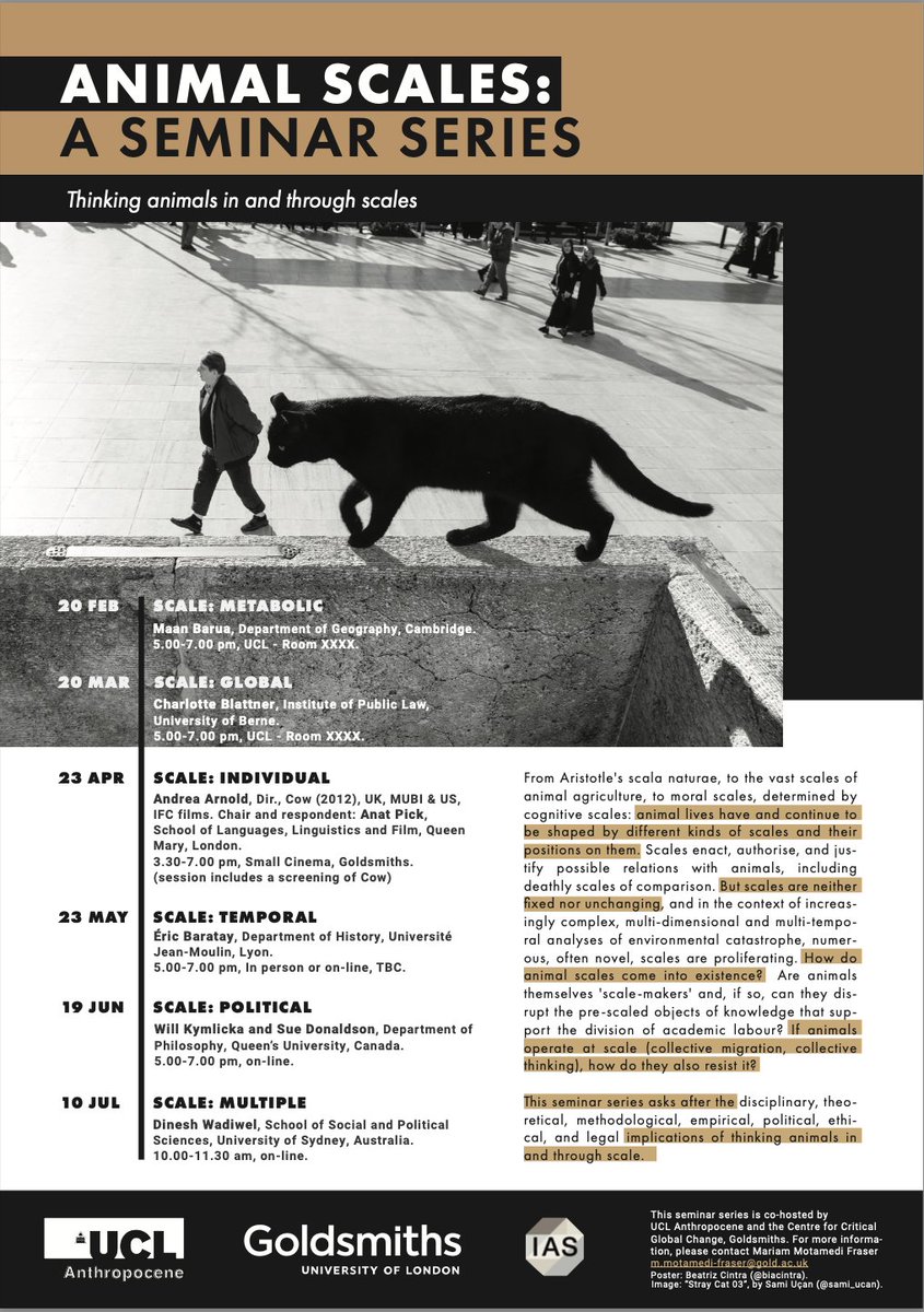 This is a really fanastic looking seminar series on Animal Scales - the implications of thinking animals in and through scale - organised by Mariam Motamedi Fraser in collaboration with UCL and Goldsmiths  ucl.ac.uk/anthropocene/p…