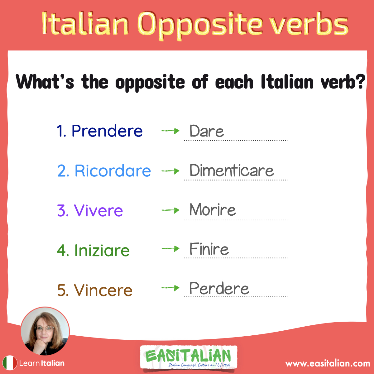 easitalian's tweet image. Here are the right pairs of Italian opposite verbs!
#LearnItalian
#ItalianLearning
#ItalianLanguage
#SpeakItalian
#ItalianVocabulary
#StudyItalian
#learnitalianlanguage
