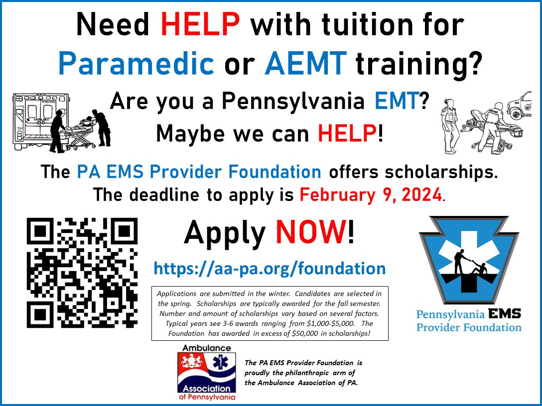 PA_EMS_Provider's tweet photo. Paramedic and AEMT Scholarships - Apply NOW!

#pennsylvaniaEMS @HeatherSharar https://t.co/exliMclEKN