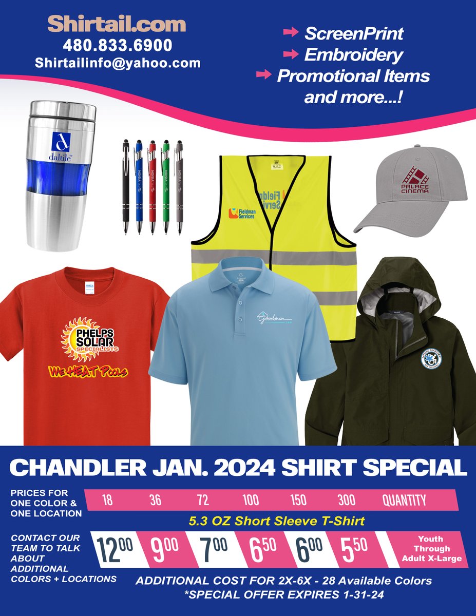 Hey Chandler! Looking for a fresh start in 2024? Shirtail.com has got you covered with our exclusive January special!
Shirtail.com for more details or call at 480.833.6900
#downtownchandleraz 
#chandlerbusiness
 #chandlerlocal #chandlerazdowntown
