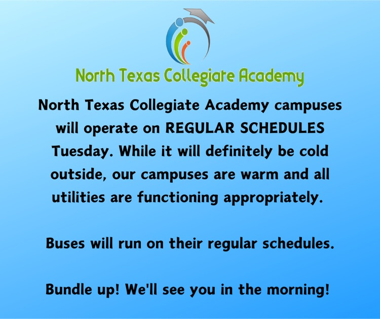 Regular school day tomorrow, Tuesday January 16th!  See you in the morning!!