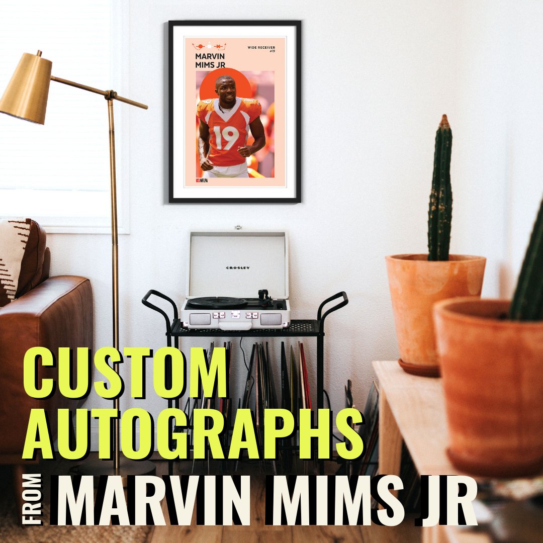 FanFairOfficial's tweet photo. It is official, we have Marvin Mims Jr. on the FanFair Signatures platform. We have worked with the NFLPA and players to create unique  and exclusove art prints.  Available now, link in bio. #NFL #MarvinMimsJr #Football #Superfans #ArtPrint #collectible #customautograph https://t.co/hXaemMdu9H