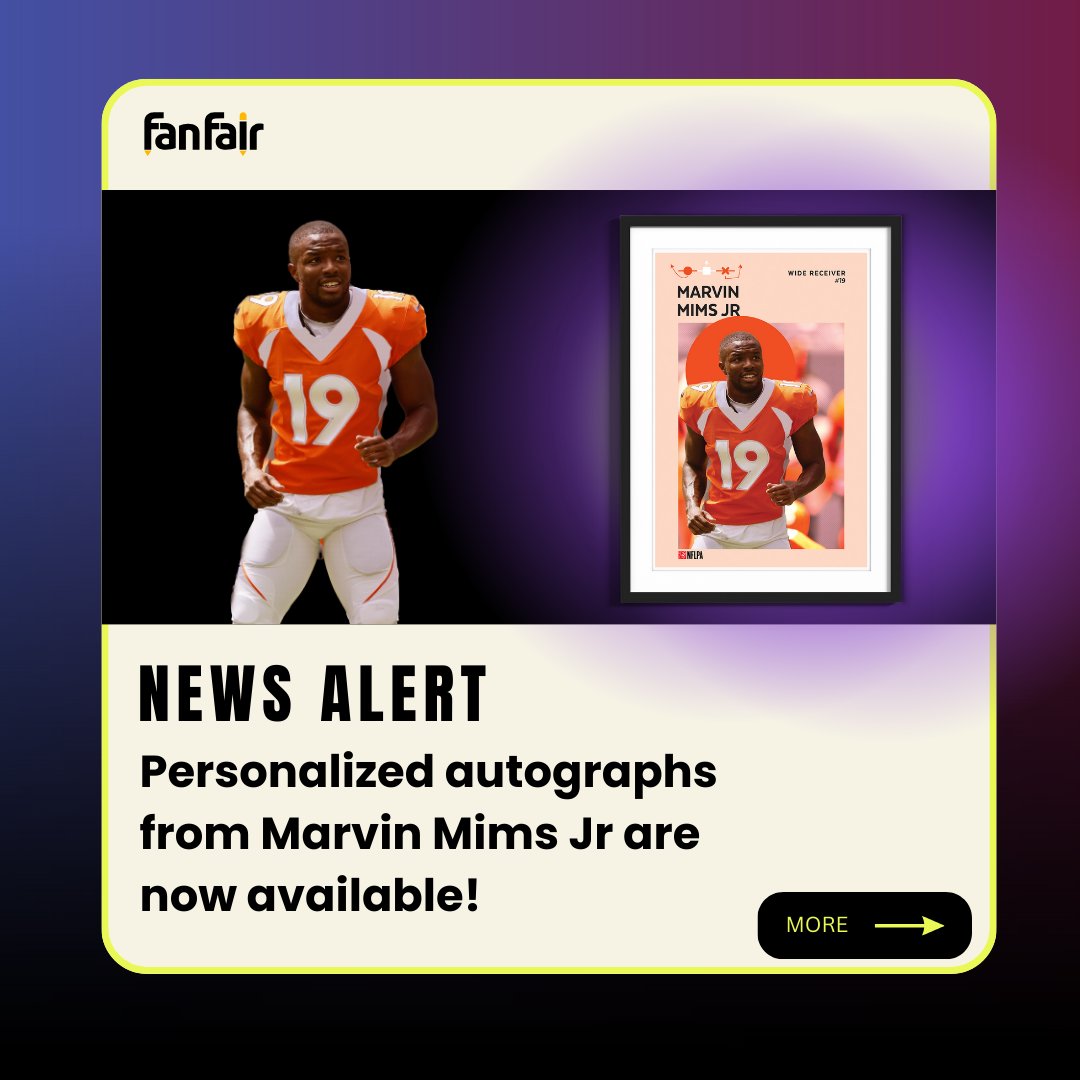 FanFairOfficial's tweet photo. It is official, we have Marvin Mims Jr. on the FanFair Signatures platform. We have worked with the NFLPA and players to create unique  and exclusove art prints.  Available now, link in bio. #NFL #MarvinMimsJr #Football #Superfans #ArtPrint #collectible #customautograph https://t.co/hXaemMdu9H