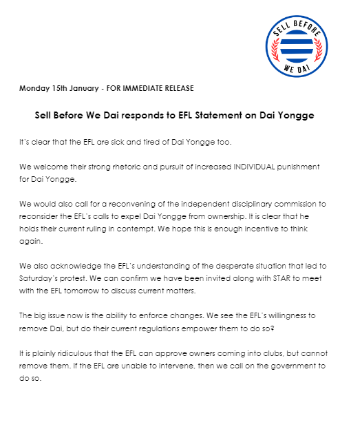SellBeforeWeDai's tweet photo. We're sick of Dai Yongge.

It's clear the EFL are as well.

What we want to know though is if they can approve him as an owner, why don't they have the power to remove him?

#SellBeforeWeDai 
#ReadingFC https://t.co/mUpVAPrtYf