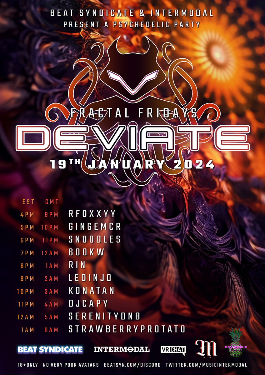 This Friday at #DeviateVRC:

The first <a href="/beat_syn/">Beat Syndicate</a> and <a href="/MusicIntermodal/">INTERMꝊDAL Electronic Music</a>  collaboration of the year!