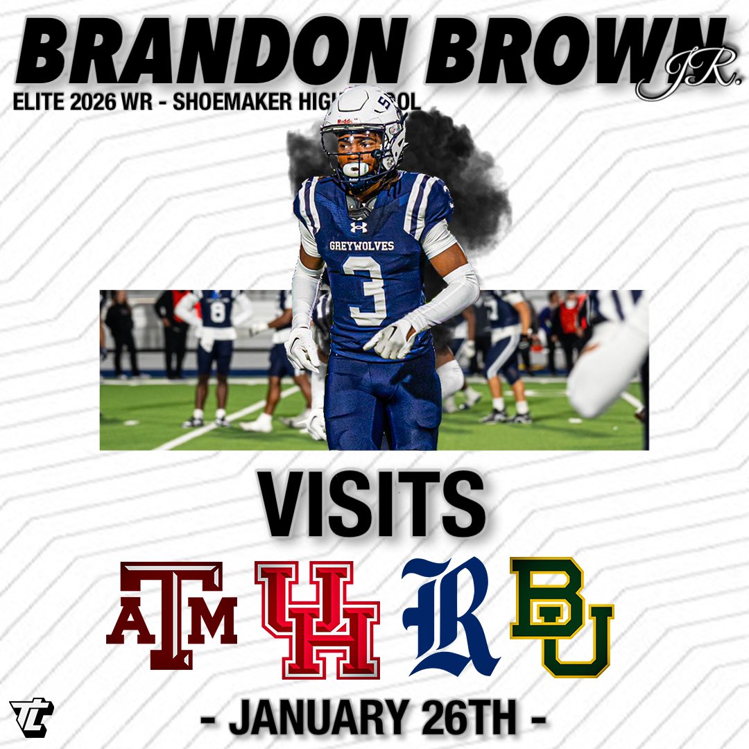 TristanLundyy's tweet image. 🚨 NEWS: Standout 2026 WR Brandon Brown Jr tells me he will Visit Texas A&amp;amp;M, Rice, Baylor &amp;amp; Houston on 1/26.

Let him know where he should go!⬇️