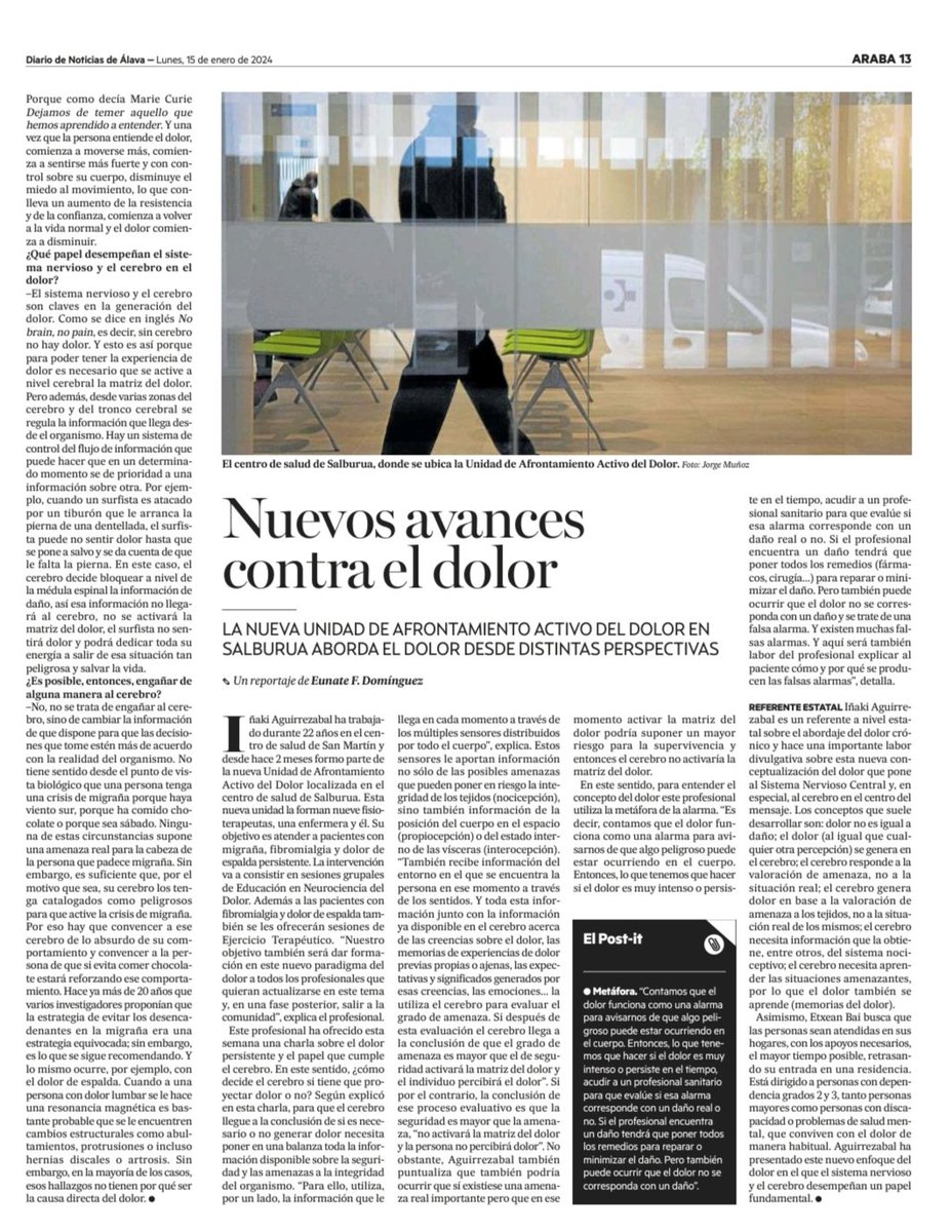 ▶️ El maestro <a href="/inakiaguirrezab/">Iñaki Aguirrezabal</a> nos cuenta cómo funcionará la nueva unidad de dolor de afrontamiento activo de Salburua.
¡¡Felicidades compañero!! 👏🏻👏🏻
osaraba.eus/es/una-vez-que…
