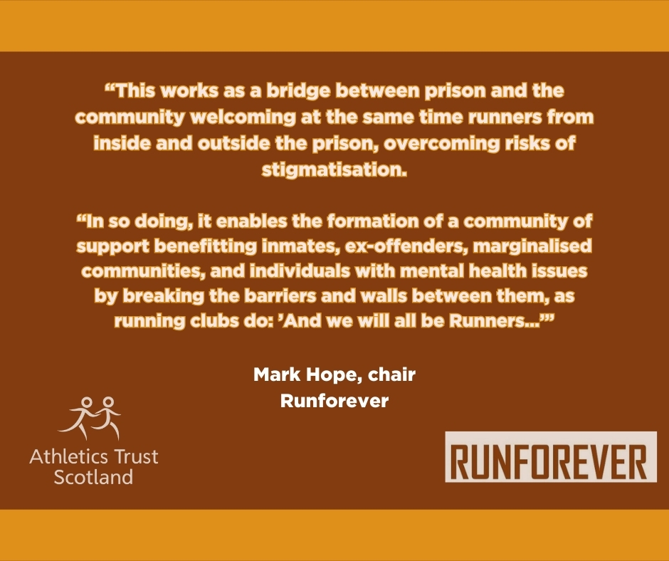 AthTrustScot's tweet photo. Introducing our latest Transforming Lives Grant winner, #Runforever
With prisoners being reintegrated, Runforever focuses on rehabilitation of those who are still incarcerated, and those released, providing mental health support and a structure through their running groups👏 https://t.co/n7iwWkOLME