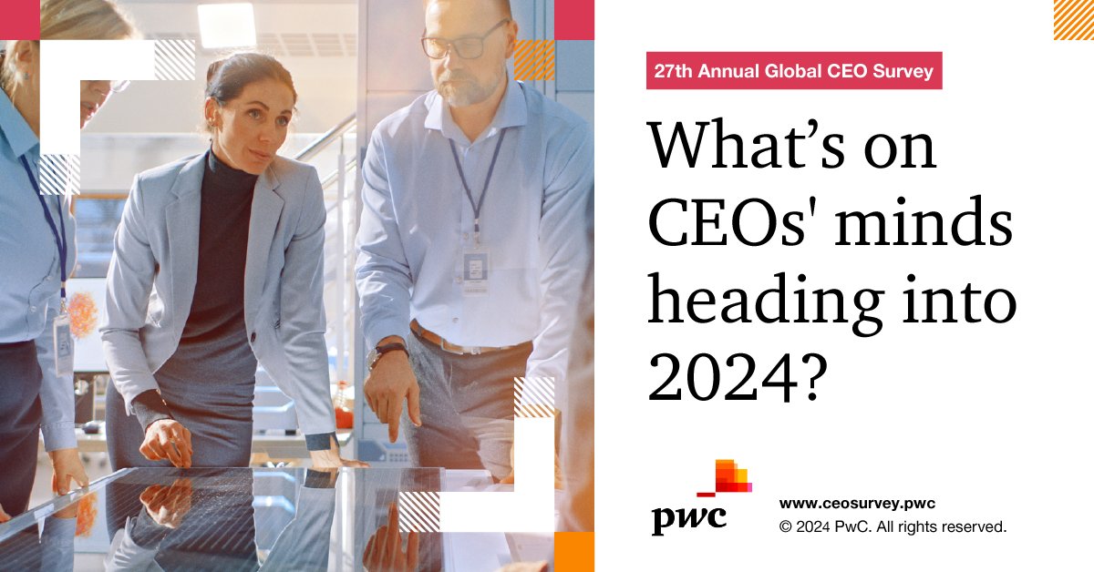 📰 Over 4,700 CEOs in 105 countries and territories have shared their insights for the year ahead with us. Find out what they think their biggest opportunities and threats will be in our 27th Annual Global CEO Survey: pwc.to/3NyVuqR #CEOSurvey 
📌Stay tuned for our…