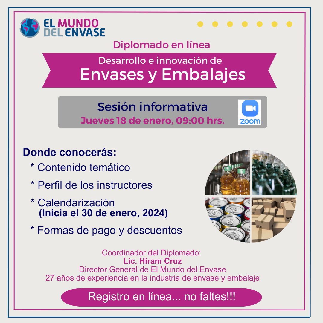 El Mundo del Envase te invita a cursar el Diplomado en línea: "Desarrollo e Innovación de Envases y Embalajes".  
Asiste a la reunión informativa el jueves 18 de enero a las 09:00 am (horario de la Ciudad de México), vía zoom... regístrate aquí:
us02web.zoom.us/meeting/regist…