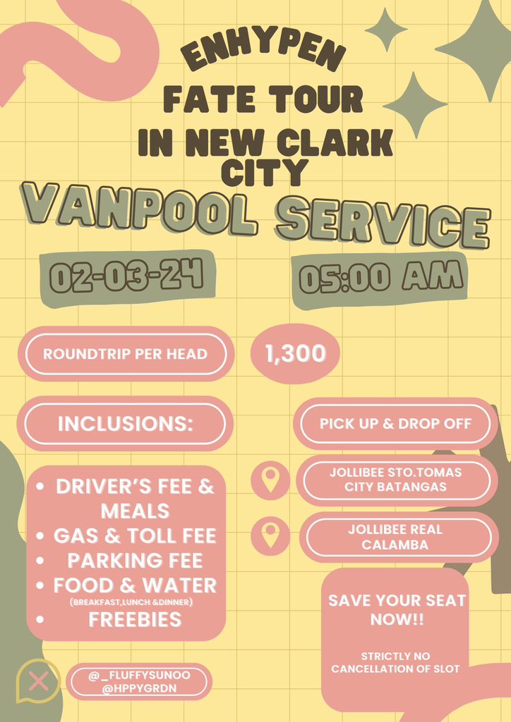_FluffySunoo's tweet photo. ENHYPEN FATE TOUR IN NCC #FATE_IN_NEWCLARKCITY

STO TOMAS BATANGAS VANPOOL SERVICE

₱ 1,300 (roundtrip)
- food &amp; unlimited water refill
- Freebies 

Dm @_FluffySunoo @HppyGrdn for inquiries.

🏷️ enhypen fate world tour ncc new clark city wts lfb Calamba Sto. Tomas Tanauan https://t.co/5IZUB9g0tQ
