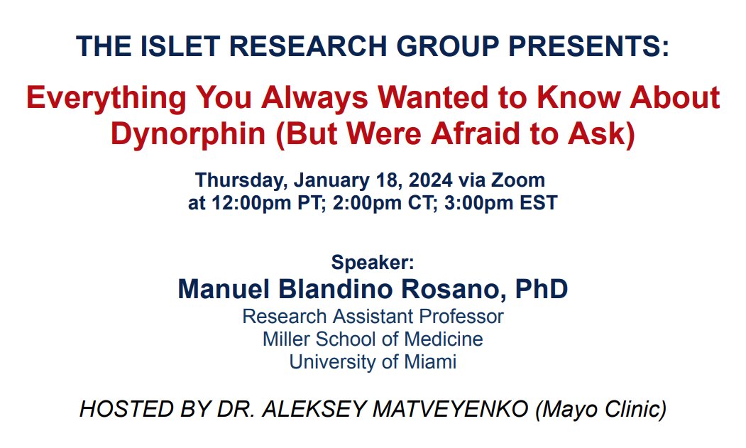 If this cold weather has gotten you down, join us this Thursday for a stimulating talk by Manuel Blandino Rosano on #dynorphin and beta-to-delta regulation.