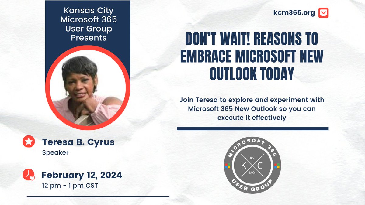 KCM365UG's tweet image. Join us February 12th for a virtual session with
@TRACCreations4E to explore and experiment with Microsoft 365 New Outlook! 
Register FREE: eventbrite.com/e/kc-o365-user…… #SharePoint2024 #SharePoint