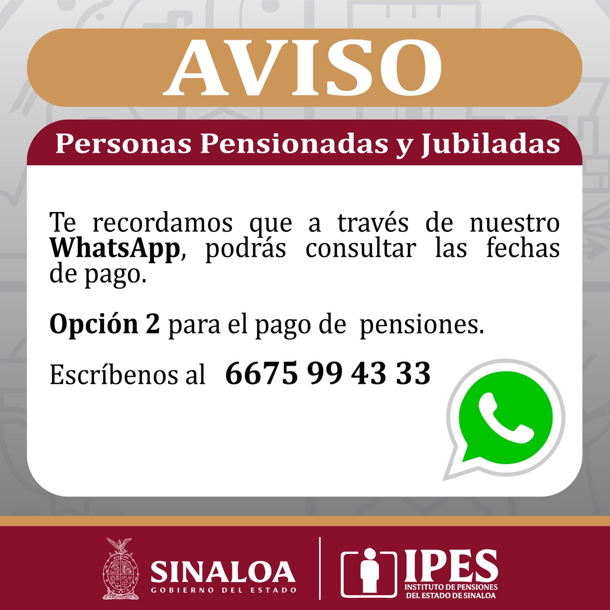 ipesgobmx's tweet photo. 🚨🚨🚨 AVISO PERSONAS PENSIONADAS Y JUBILADAS 🚨🚨🚨
CUALQUIER DUDA COMUNICARSE A LOS SIGUIENTES TELÉFONOS:

6675 994333
6675 995146

#AVISO #SINALOA #IPES https://t.co/v01kImfGtQ